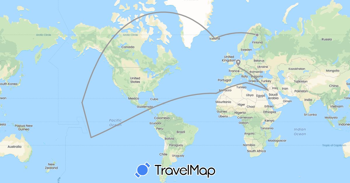 TravelMap itinerary: driving, plane in Dominican Republic, Spain, Finland, France, Iceland, Italy, Jordan, United States (Asia, Europe, North America)