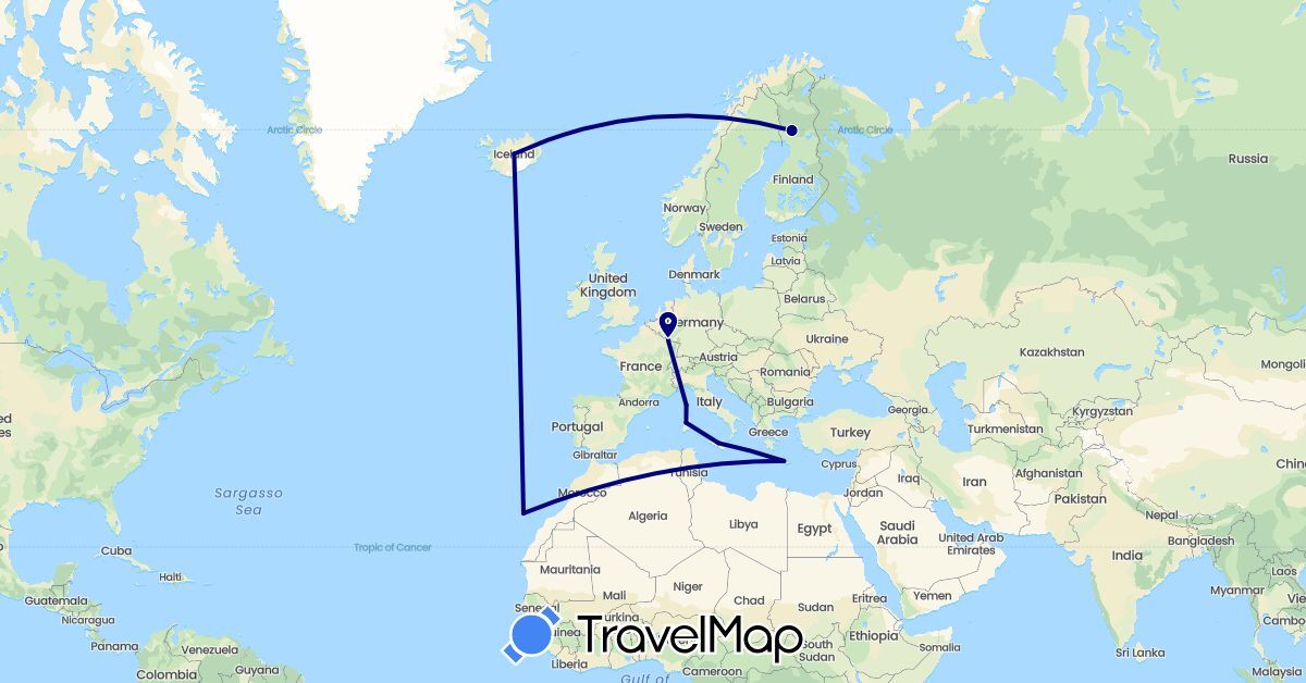 TravelMap itinerary: driving in Spain, Finland, France, Greece, Iceland, Italy (Europe)